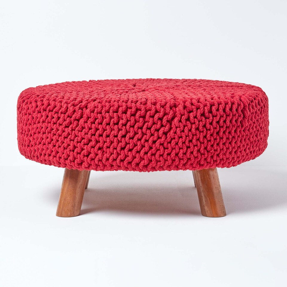 image 1 of Homescapes Red Round Cotton Knitted Footstool on Legs | Red | 62 x 62 x 30 cm
