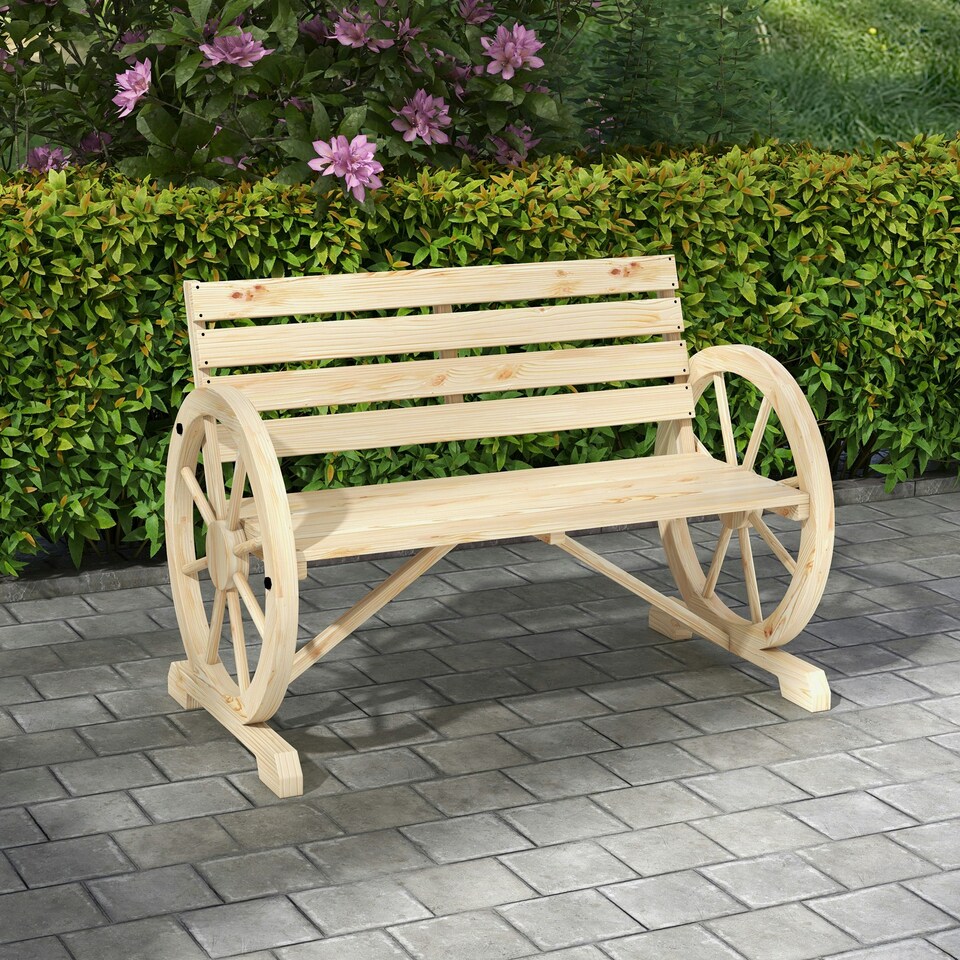 image 1 of Outsunny 2 Seater Garden Bench w/ Wooden Cart Wagon Wheel Natural