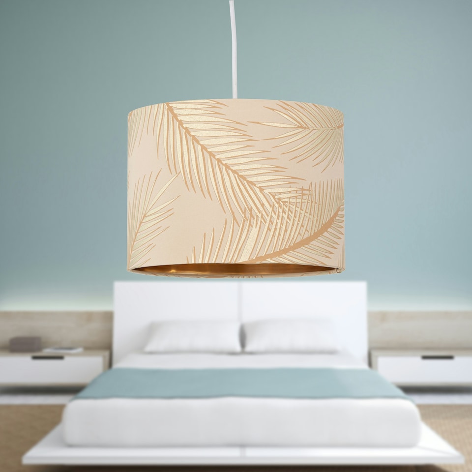 image 1 of Set of 2 Tropica - Champagne with Gold Embossed Leaf Detail 25cm Ceiling Pendant or Table Lamp Shades Gold
