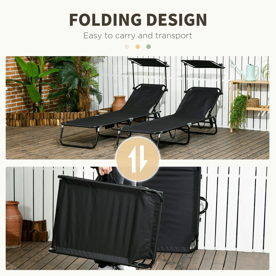 image 1 of Outsunny 2 Piece Folding Sun Loungers with Adjustable Backrest, Sunshade, Black