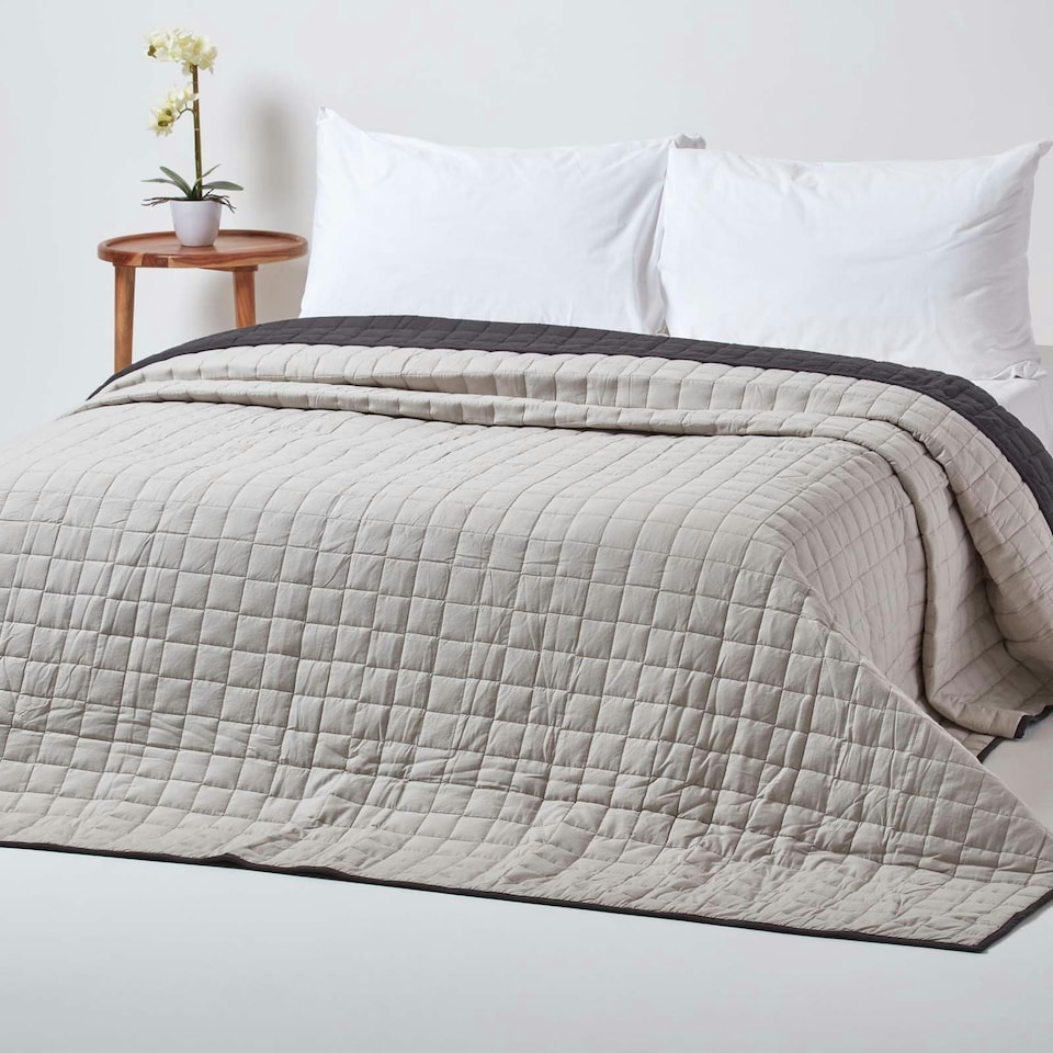 image 1 of Homescapes Cotton Quilted Reversible Bedspread Black and Grey - 230 x 250 cm Black
