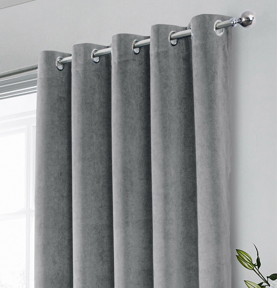 image 1 of Luxury Enhanced Living Grey Velvet, Supersoft, Blackout, Thermal Pair of Curtains with Eyelet Top - 90 x 90 inch (229x229cm)