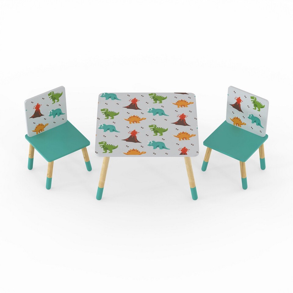 image 1 of Dino Kids Table & 2 Chairs Set - Space Saving Play Furniture with Scandi Pine Legs & Dinosaur Graphics - Assembly Required