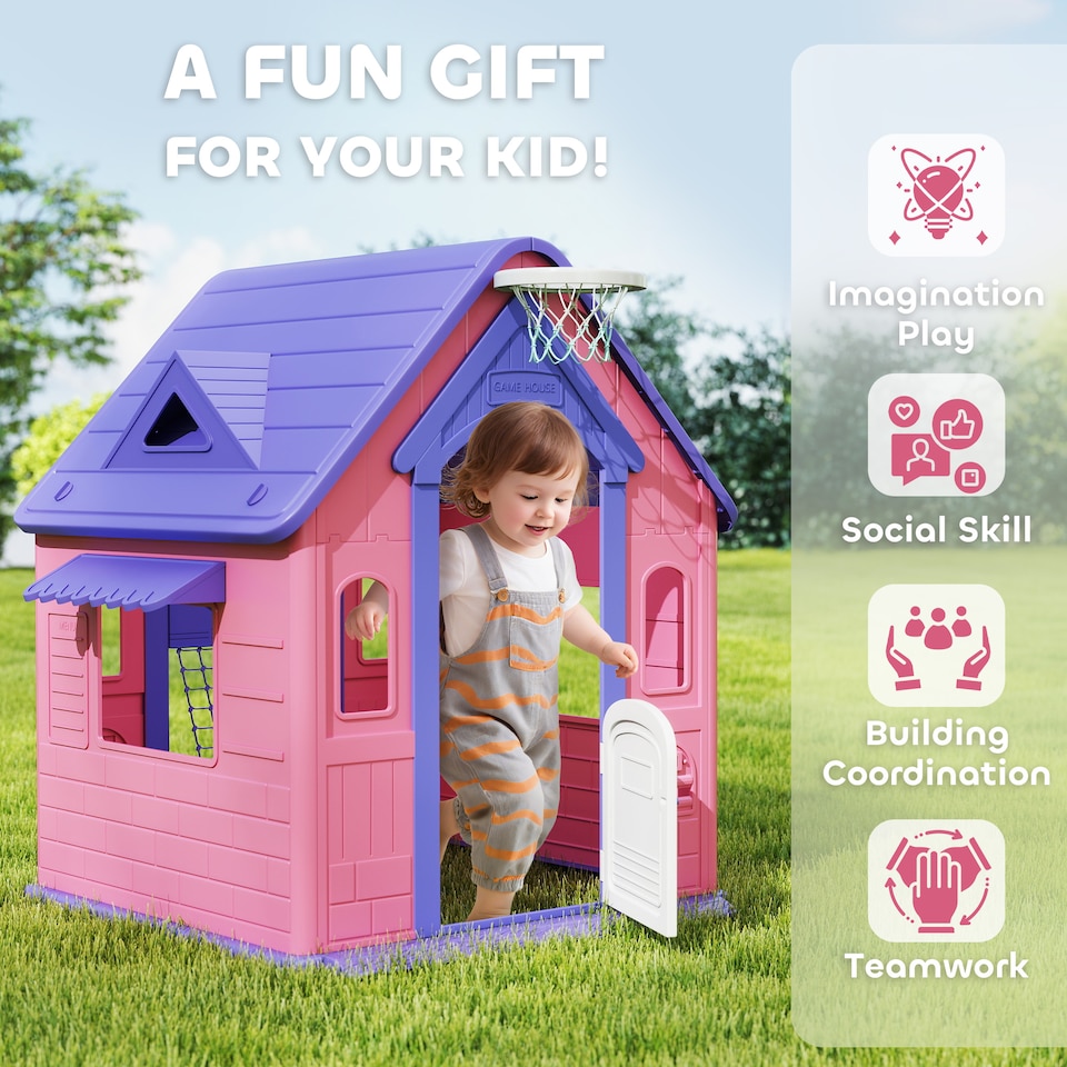 image 1 of AIYAPLAY 5-in-1 Playhouse for Kids Outdoor Indoor, Garden House with Basketball Hoop, Football, Dartboard, Ring Toss, Wendy House for Kids 2-5 Years Old | Pink