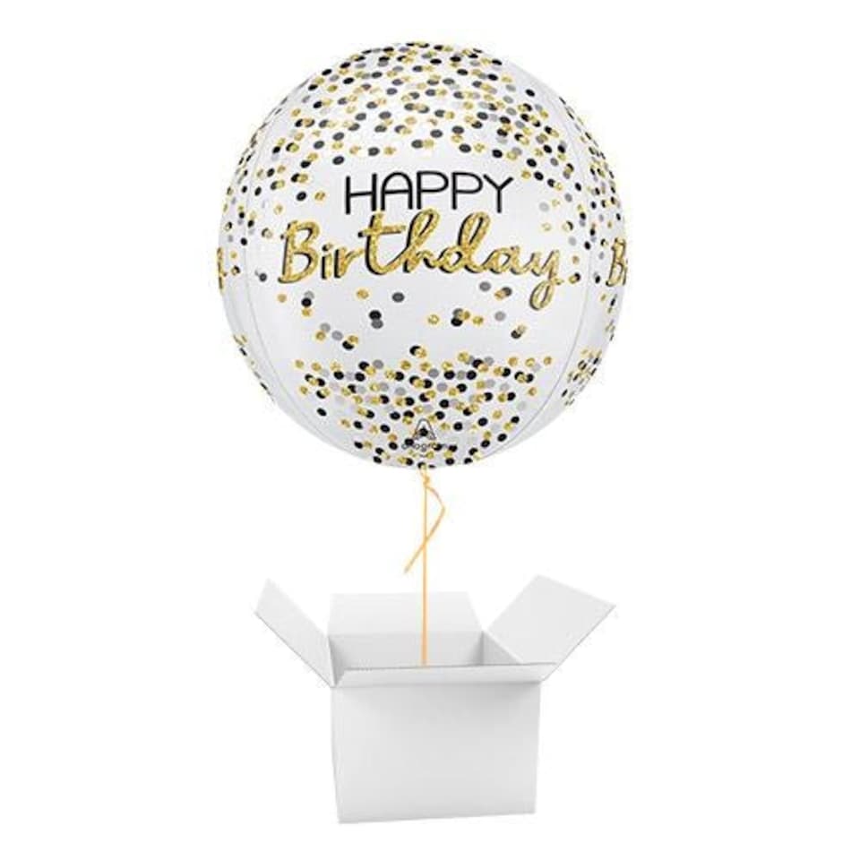Black Silver Gold Happy Birthday Orbz Foil Helium Balloon - Inflated Balloon in a Box Black