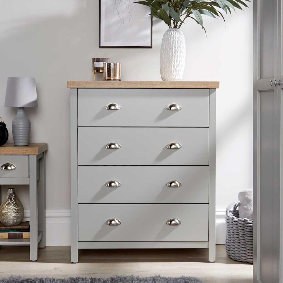 image 1 of Grey Oak 4 Drawer Chest of Drawers Storage Metal Cup Handles Avon Two Tone