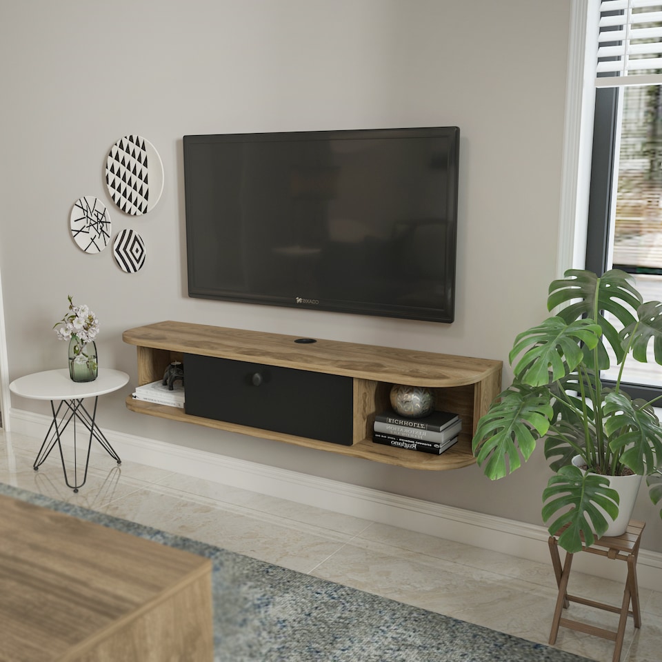 image 1 of Decorotika Ibarra Floating TV Unit for TV's up to 55 inches Dropdown Cabinet and Open Shelves