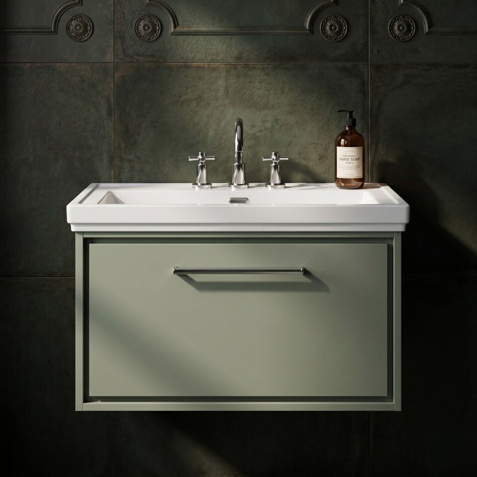 image 1 of Balterley Modern Bathroom Wall Hung Single Drawer Vanity Unit with Fireclay Basin - 3 Tap Holes | Green | Reed Green | 498 x 830 x 471mm