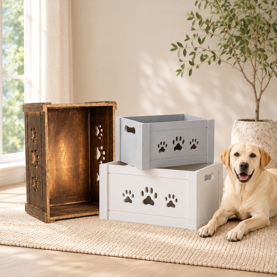 image 1 of Paw Shaped Cutout Dog Toys Chest Gift Hampers Storage Collection Box Wooden Crates Gift Hampers (Grey, Small)