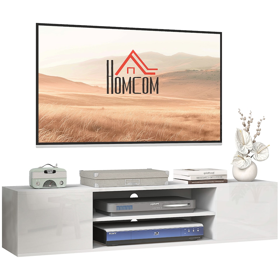 image 1 of HOMCOM Floating TV Stand Cabinet for TVs up to 60 , Wall Mounted TV Unit with Open Shelf, Storage Cupboards and Cable Management for Living Room, White