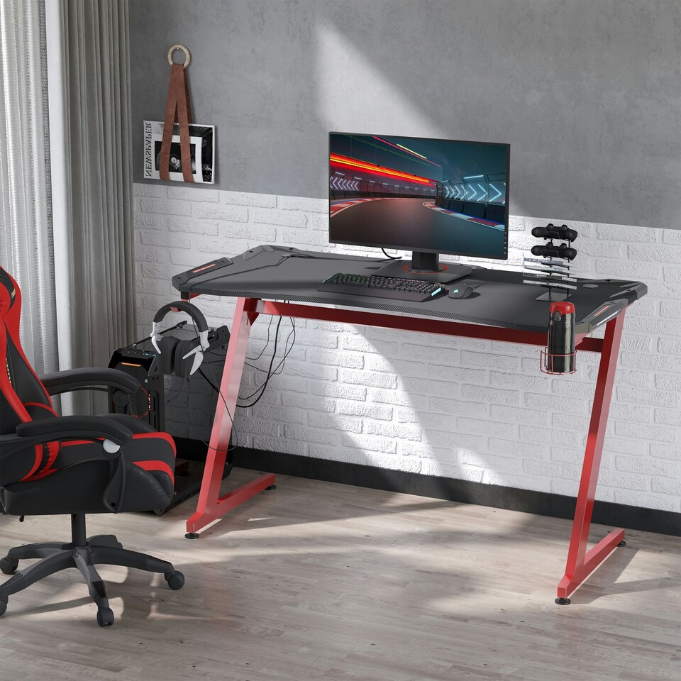 image 1 of HOMCOM Gaming Desk with Gamepad Holder Cup Holder Headphone Hook