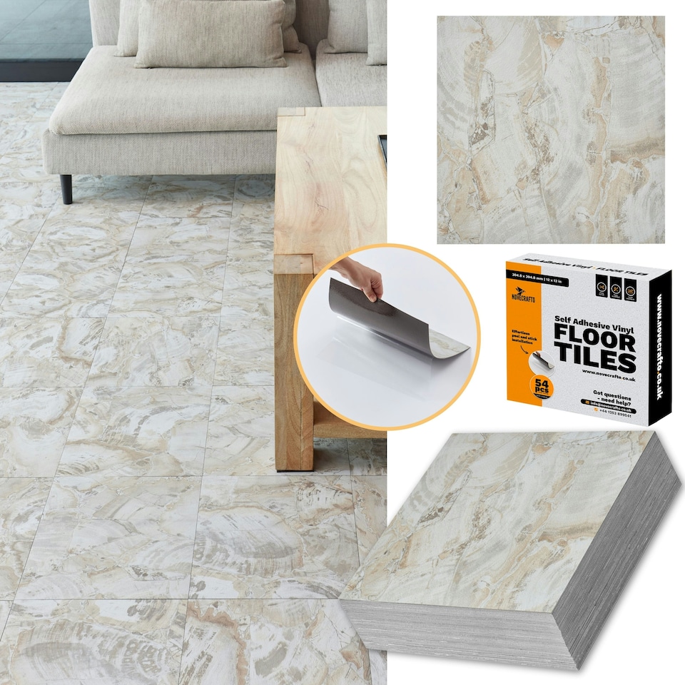 image 1 of NOVECRAFTO Vinyl Floor Tiles Self Adhesive – 12x12in Peel and Stick Flooring for Kitchen, Bathroom & Living Room – Beige Marble Flow Design Brown | 4.65 sqm
