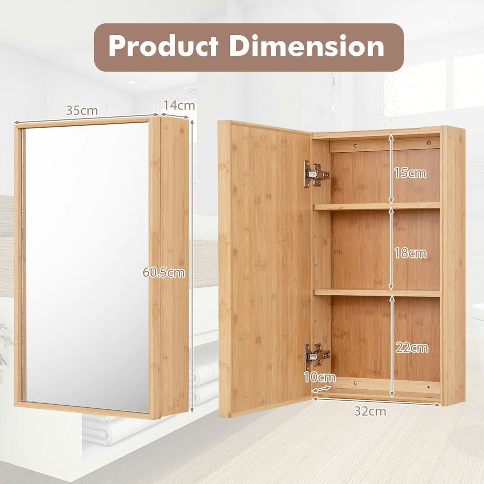 image 1 of COSTWAY Bathroom Medicine Cabinet Single Bamboo Storage Brown