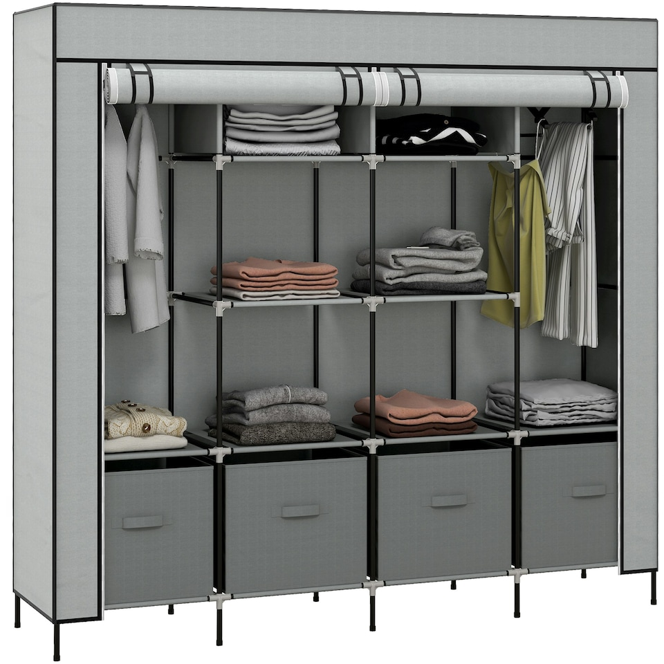 image 1 of HOMCOM Fabric Wardrobe w/ 12 Shelves 2 Hanging Rails Foldable Closets Grey