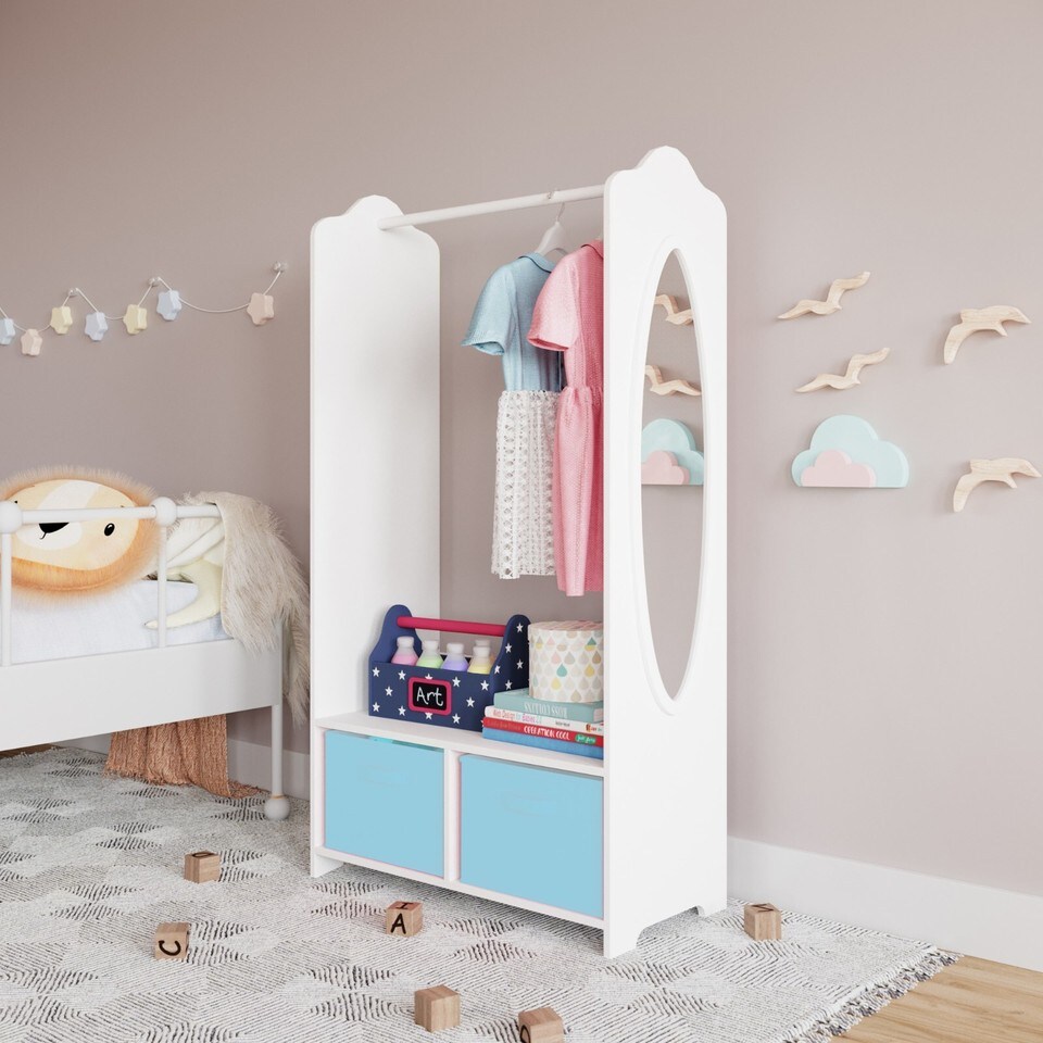 image 1 of Kids MDF Wooden Hanging Clothes Rail Wardrobe Storage Shelves with Inserts Mirror | Blue | Sky Blue