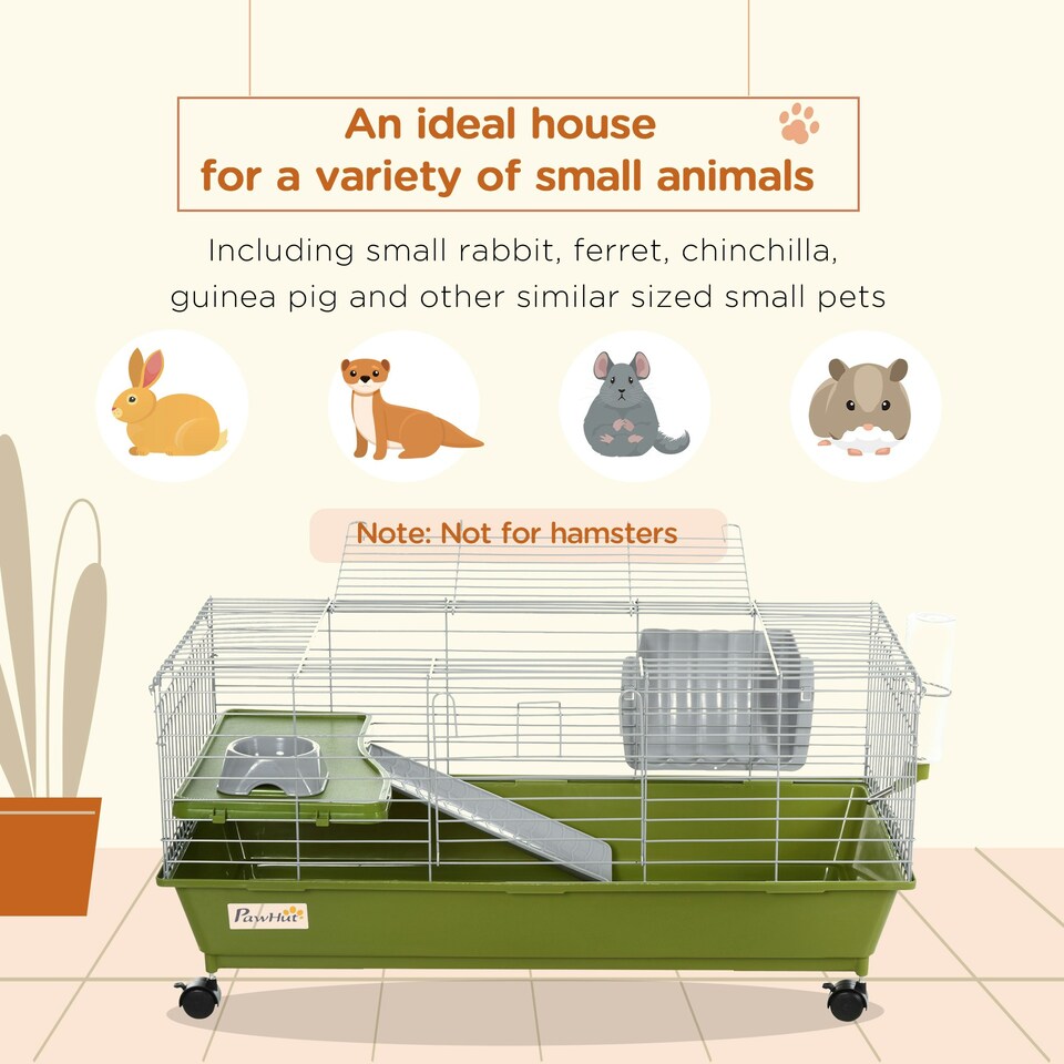 image 1 of PawHut 89cm Small Animal Cage for Rabbit Guinea Pig w/ Food Dish Green