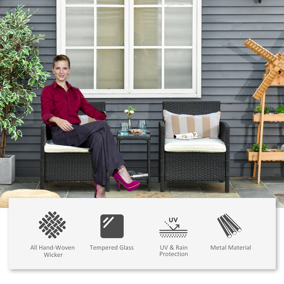 image 1 of Outsunny 3 Pieces Rattan Bistro Set, Wicker Garden Furniture Set, Glass Top 2 tier Coffee Table and Chairs Set with Pillows and Washable Cushions for Outdoor, Patio, Balcony, Black