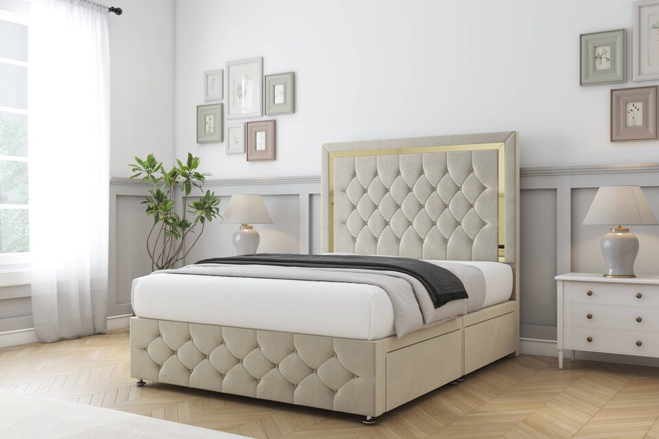 image 1 of Sloomy Sofia Gold Cream Plush Divan Bed Base 2 Drawers Left Side With 26 Inch Strutted Headboard & 12 Inch Matching Footboard | Cream | Cream | Small Single | 1