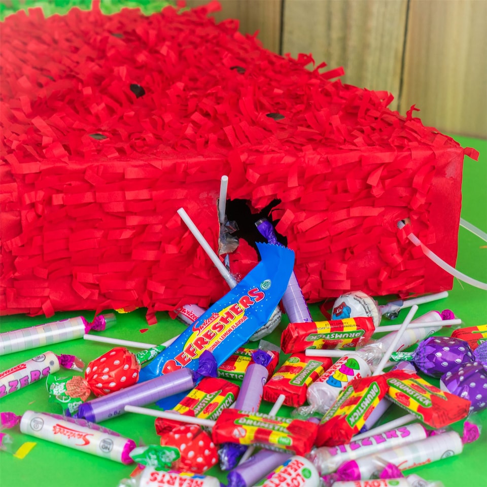 image 1 of Pinatas Watermelon Cardboard Pinata, Stick and Blindfold Set - W42cm x D9cm x H36cm - Red