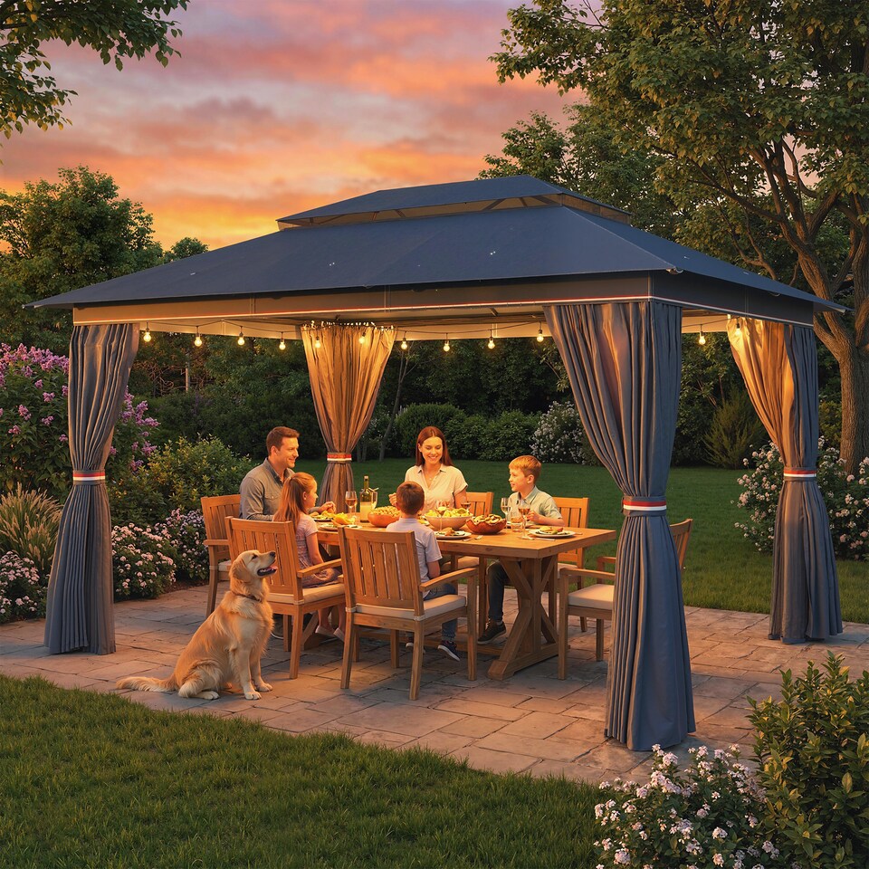 image 1 of Outsunny 3 x 4 m Outdoor Garden Gazebo with UPF50+ Double Roof, Dark Blue