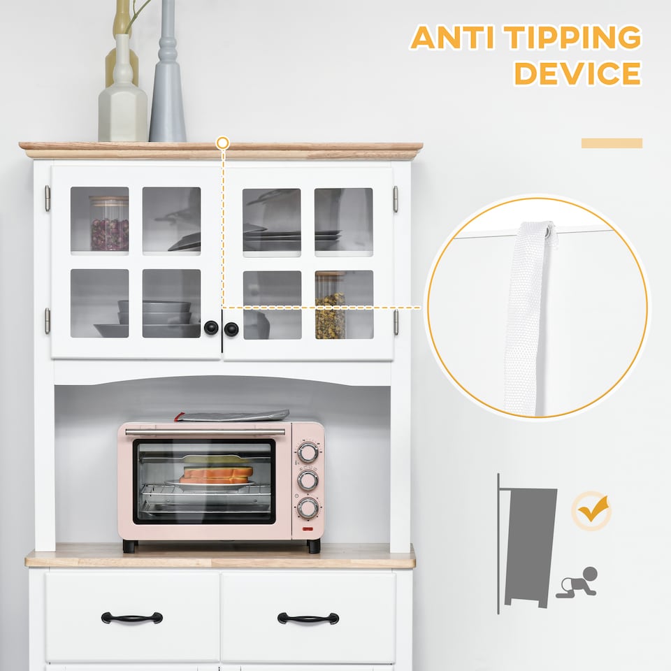 image 1 of HOMCOM Freestanding Kitchen Cupboard, Kitchen Storage Cabinet with Framed Glass Doors, 2 Drawers, Microwave Counter, 172cm, White