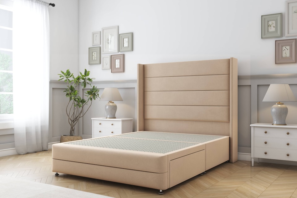 image 1 of Sloomy Sterling Pebble Plush Divan Bed Base No Drawers With 54 Inch Wingback Headboard & 12 Inch Matching Footboard | Brown | Pebble | Small Double | 1
