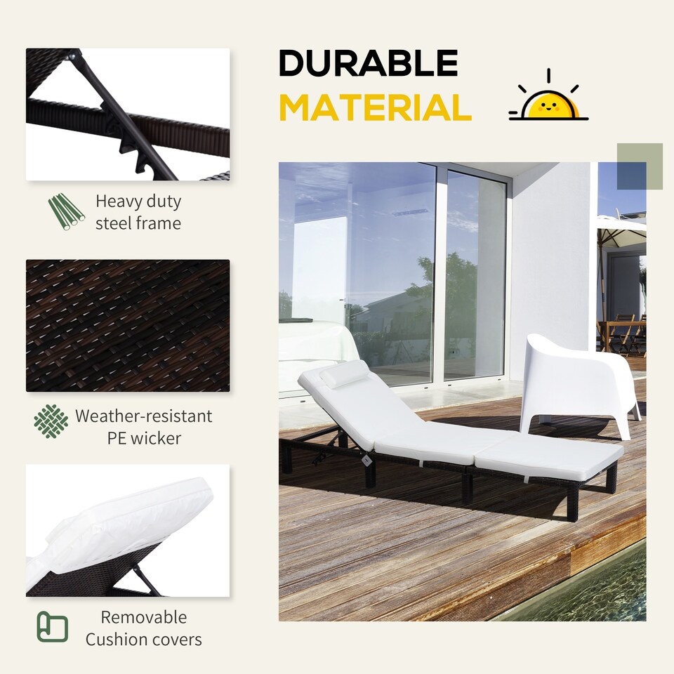 image 1 of Outsunny Rattan Sun Lounger, 5-Level Adjustable Garden Lounger Recliner with Cushion and Headrest, Outdoor Reclining Sunbed, Steel Frame Garden Chair for Patio, Beach, Terrace, Cream White