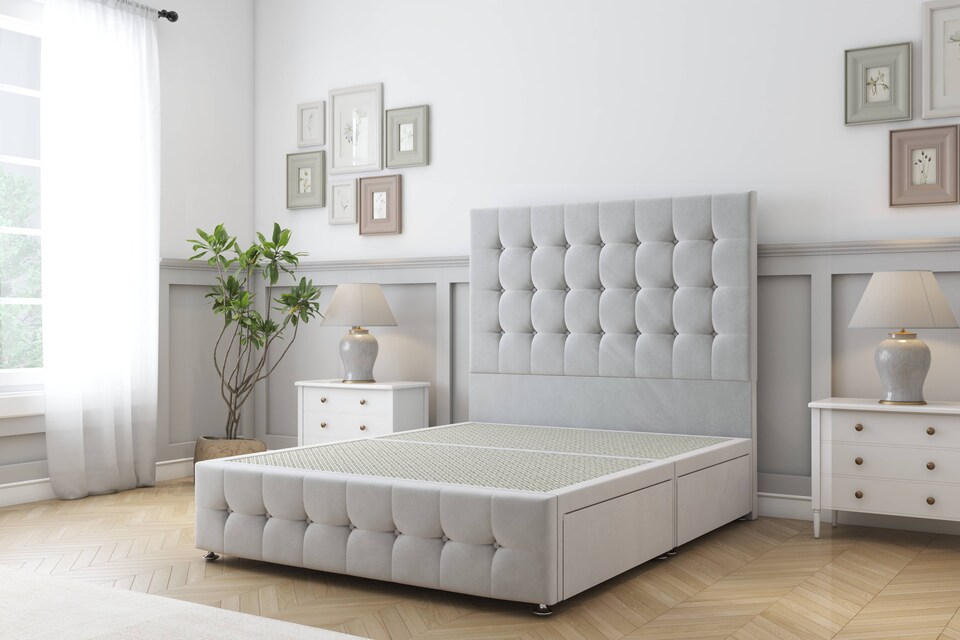 image 1 of Sloomy Berlin Silver Plush Divan Bed Base 2 Drawers Foot-End With 54 Inch Floor Standing Headboard & 12 Inch Matching Footboard | Silver | Silver | Super King | 1