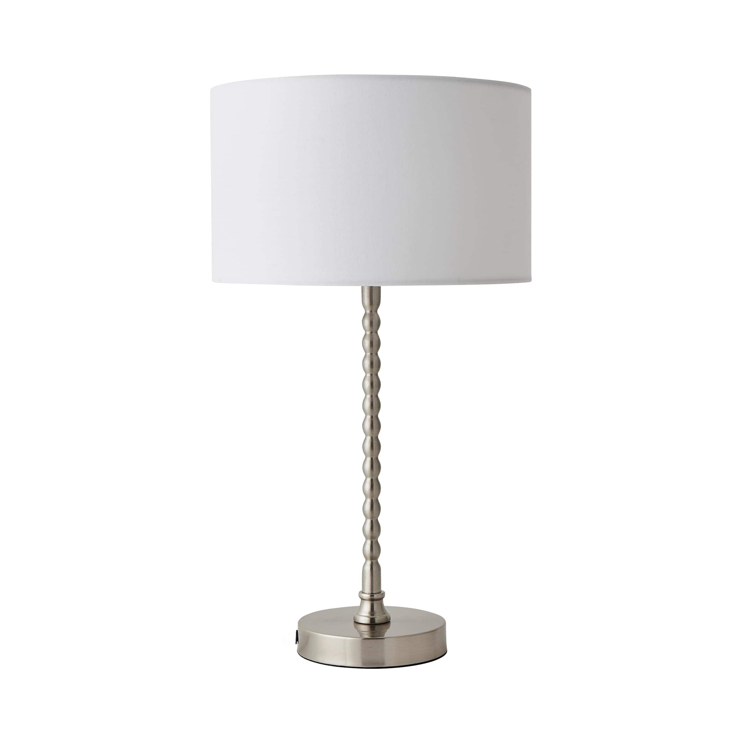 ValueLights Maeve Fabric Drum Lamp Shade Brushed Chrome Bobbin Bobble Table Lamp in White