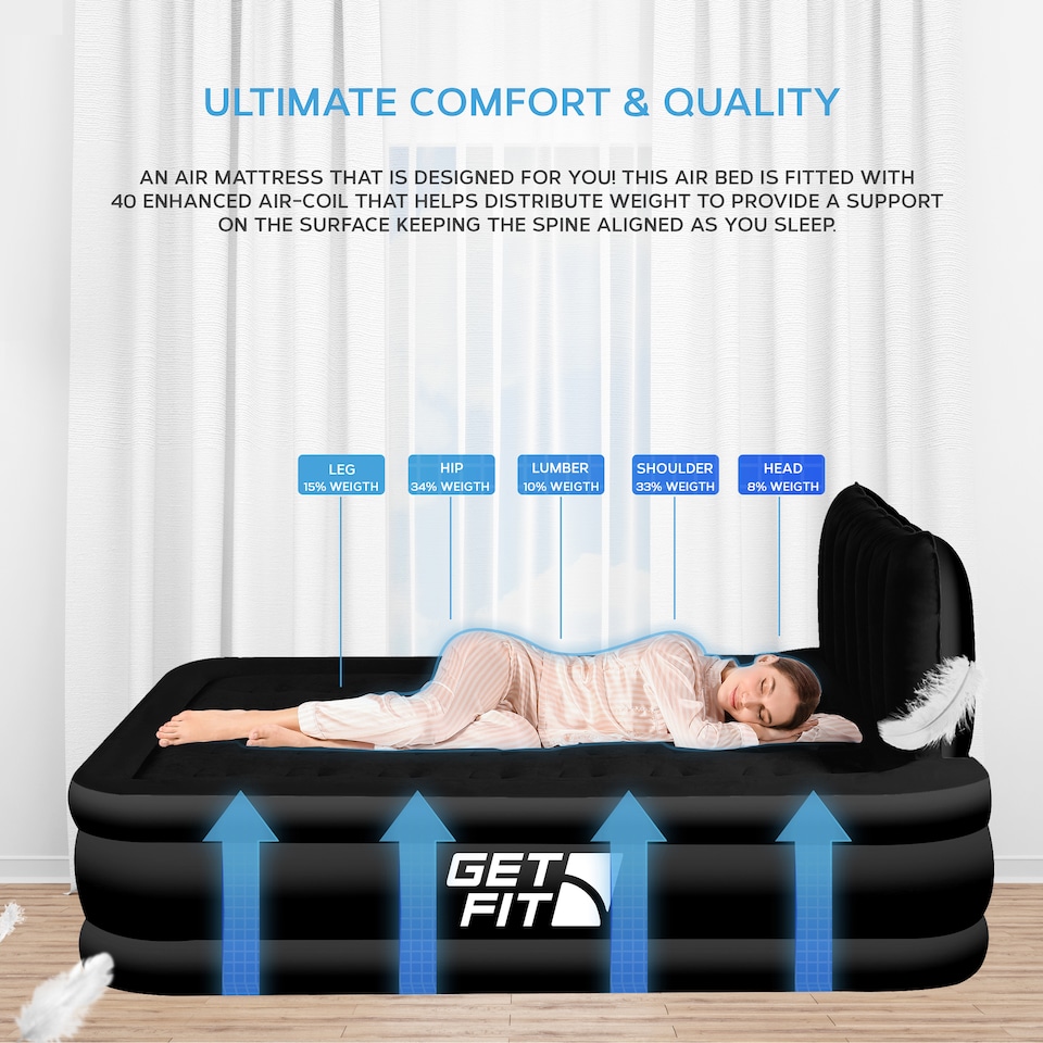 image 1 of Get Fit Air Bed With Built In Electric Pump - Premium Double Airbed - Quick Blow Up Bed With Headboard & Free Inflatable Pillow | Black | Black Mono | 1