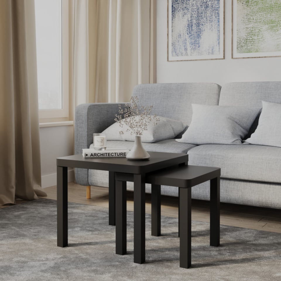 image 1 of URBNLIVING Square Wooden Nesting Stacking Tables Set Of 2 | Multi | Black | 2