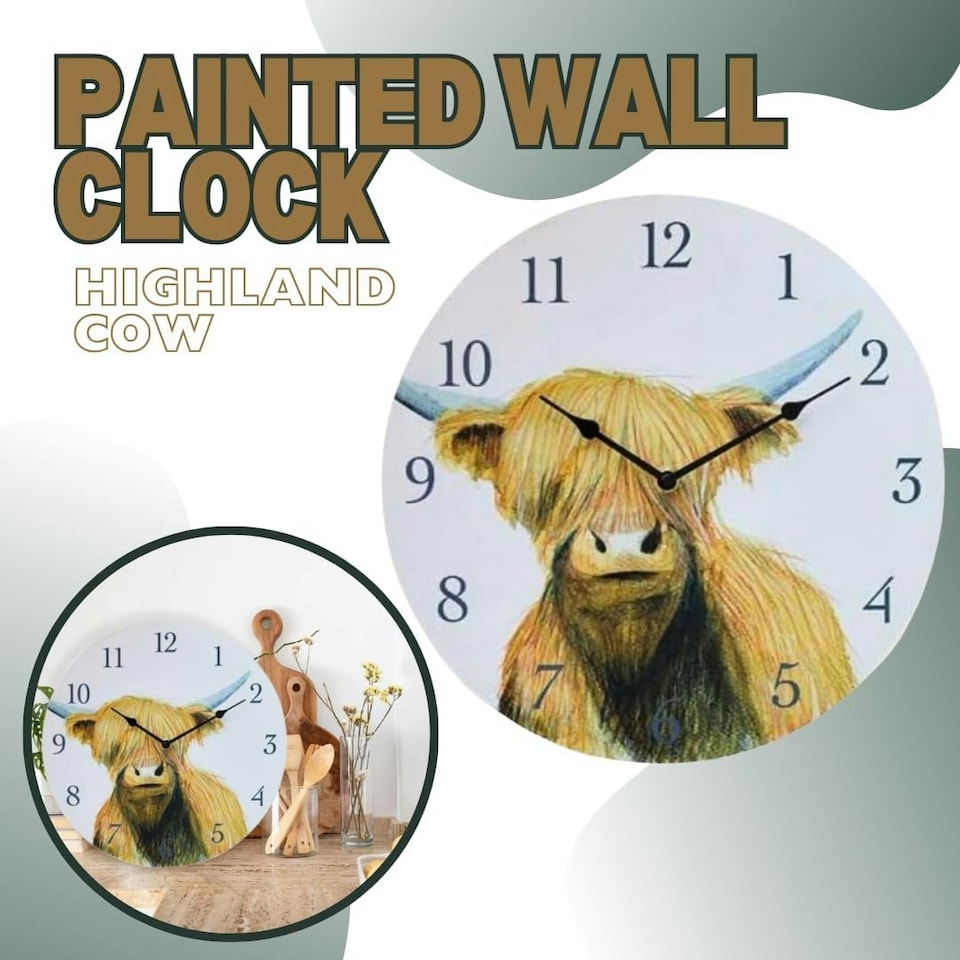 image 1 of Marco Paul 30cm Hand Painted Highland Cow Clock Multi