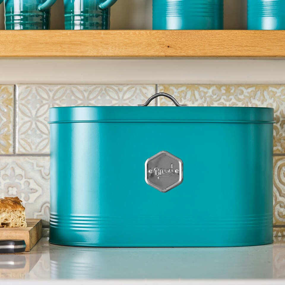 image 1 of Cooks Professional Bread Bin - Metal Food Storage Cannister with Nameplate | Blue | Teal & Silver