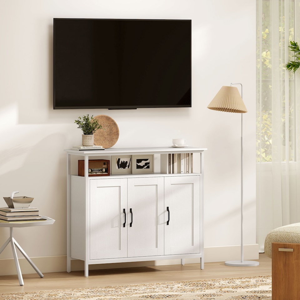 image 1 of HOMCOM Industrial Kitchen Sideboard with Open Shelf & 2 Cabinets, White | White