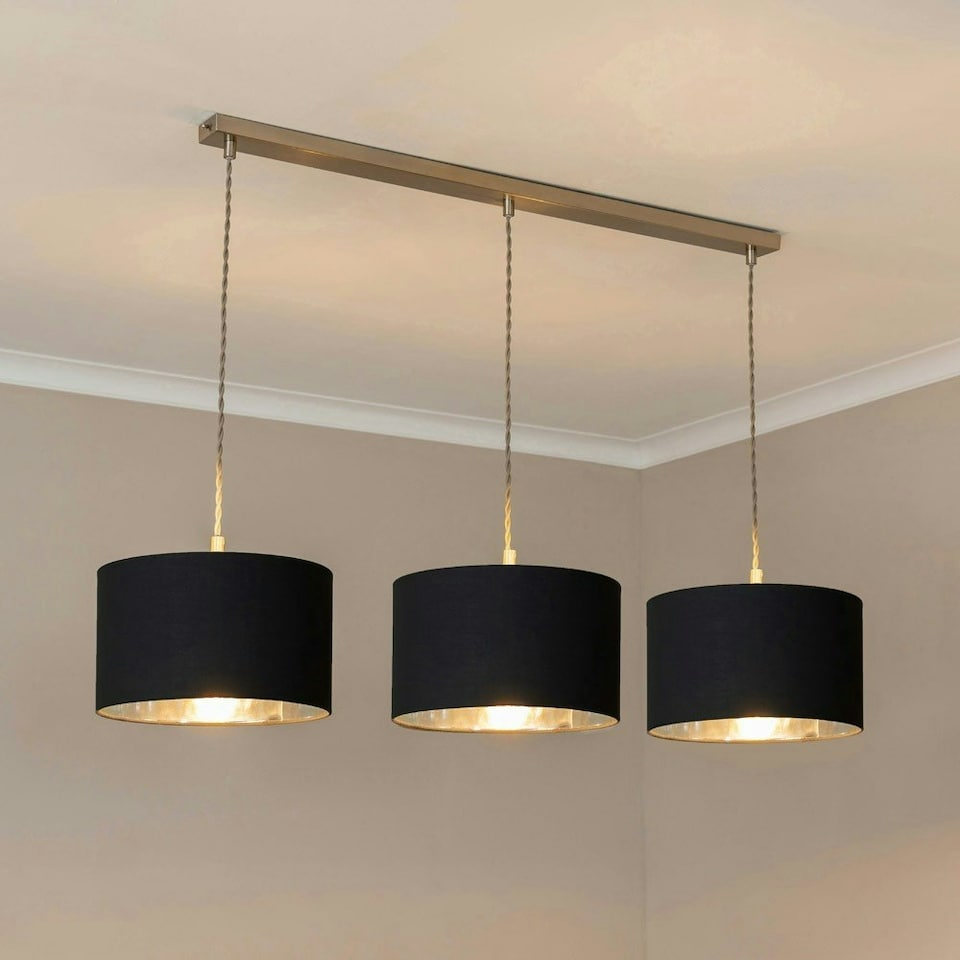 image 1 of ValueLights Reni Black & Chrome Drum Shade 3 Drop Bar Chrome Diner Ceiling Pendant Light Silver