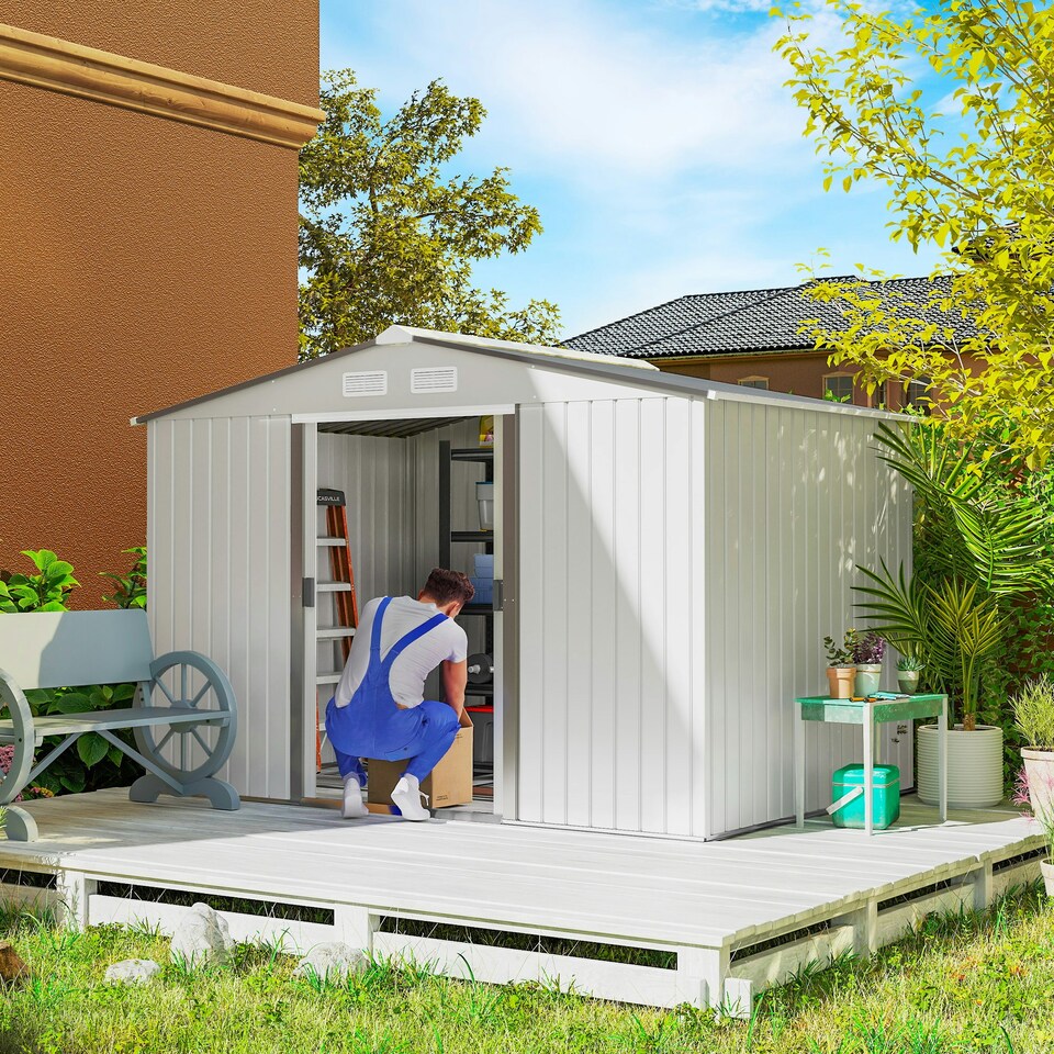 image 1 of Outsunny 9 x 6FT Galvanised Garden Storage Shed with Sliding Door, Silver