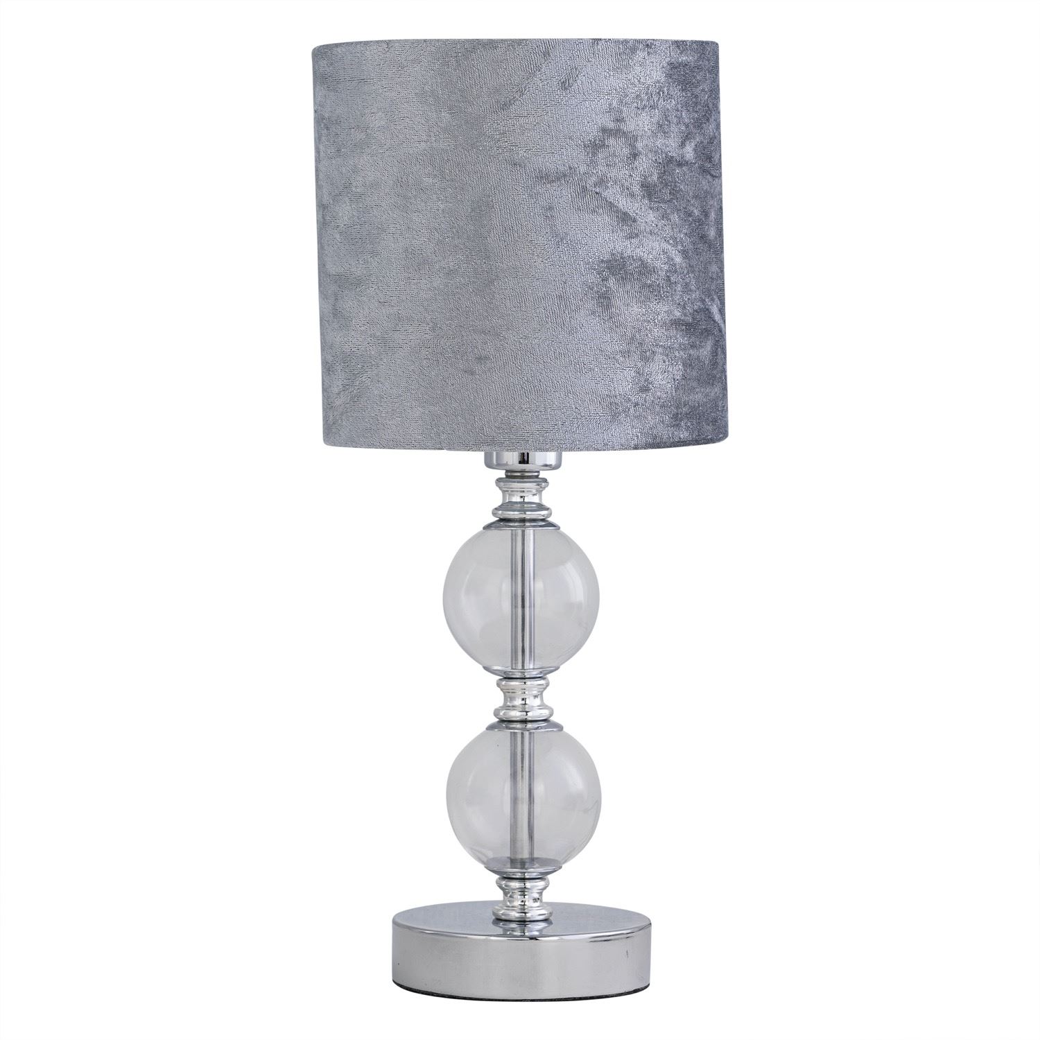 First Choice Lighting Chrome Two Ball Table Lamp with Grey Crushed Velvet Shade in Silver