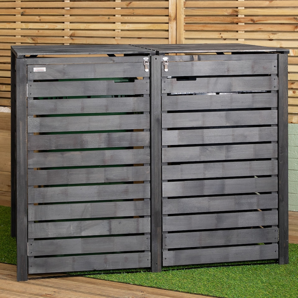 image 1 of 2.15m x 1.16m Outdoor Wooden Garden Triple Wheelie Bin Store Storage for 3 Bins in Dark Grey