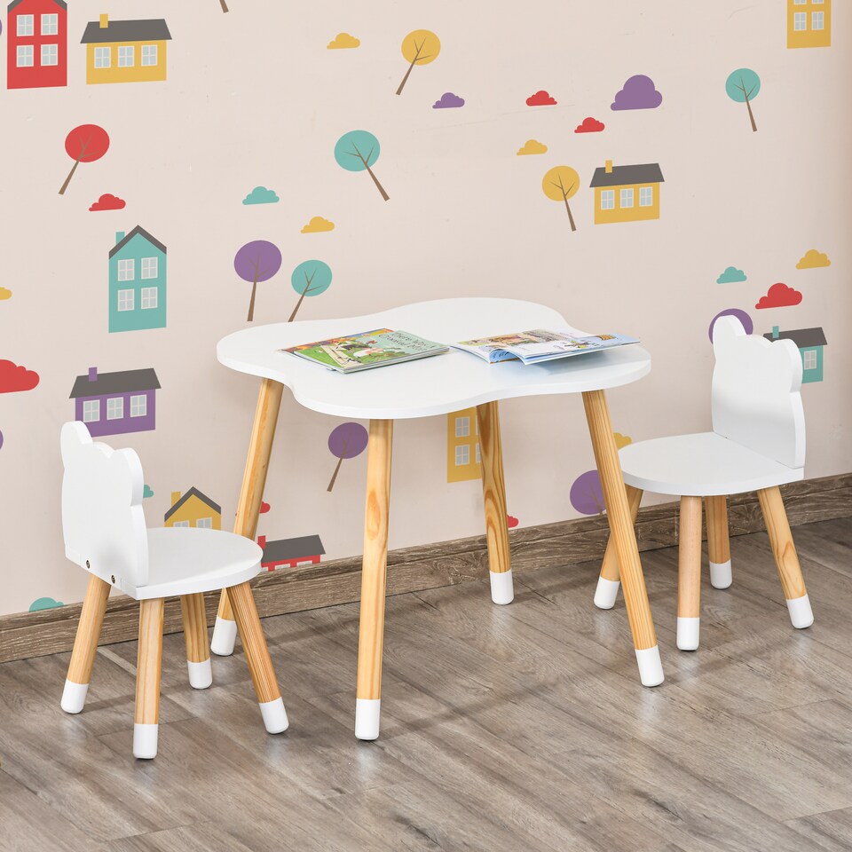 image 1 of HOMCOM 3-Piece Kids Table and Chair Set with 2 Bear-Shaped Chairs | White