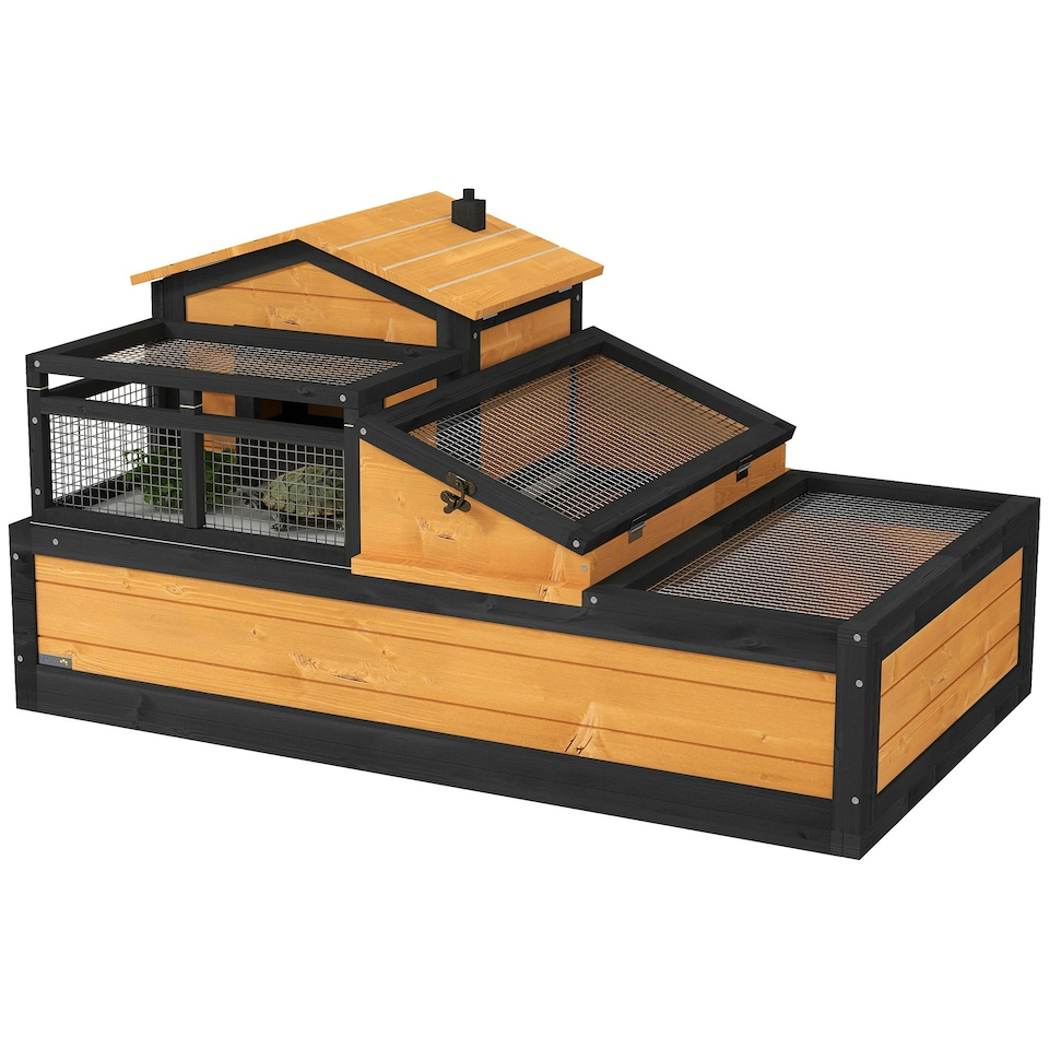 image 1 of PawHut Wooden Tortoise House Indoor Outdoor w/ Balcony, Tray, Openable Roof