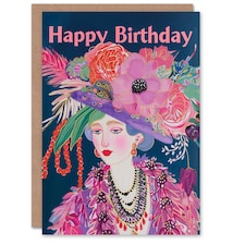 Floral Fashion Dame Fancy Hat Portrait Woman Her Birthday Card