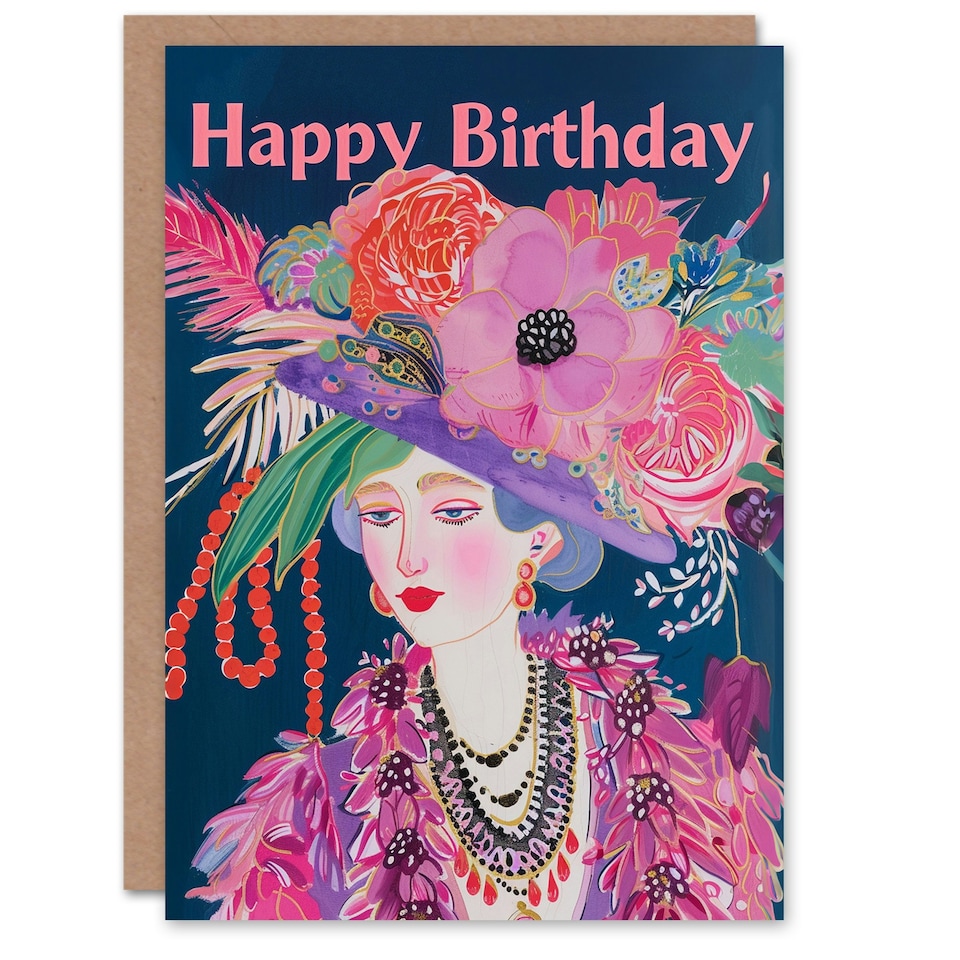 image 1 of Floral Fashion Dame Fancy Hat Portrait Woman Her Birthday Card