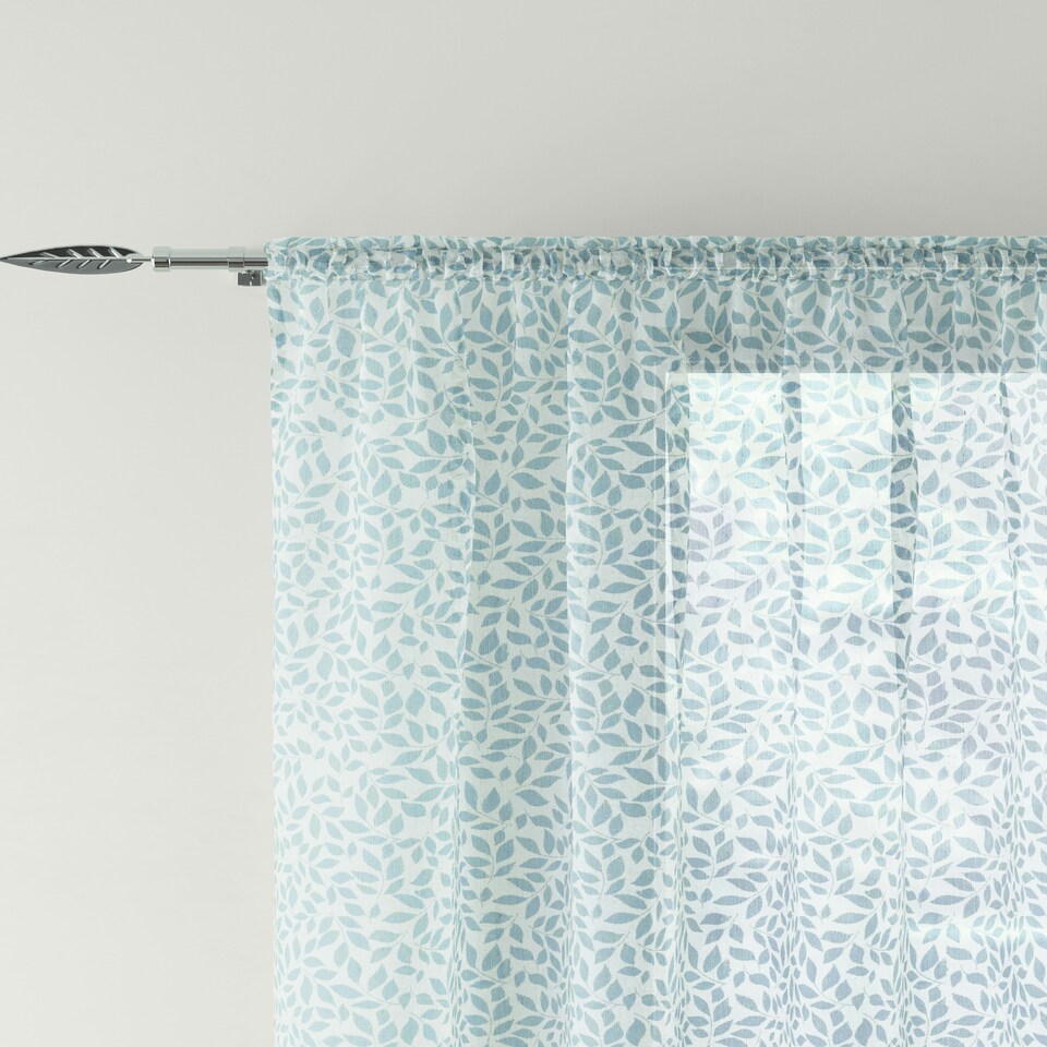image 1 of Pair of Willow Blue Leaf Print Voile Panels 183 cm (72 inch) Rod Pocket Linen Look Panels for Bedroom and Living Room