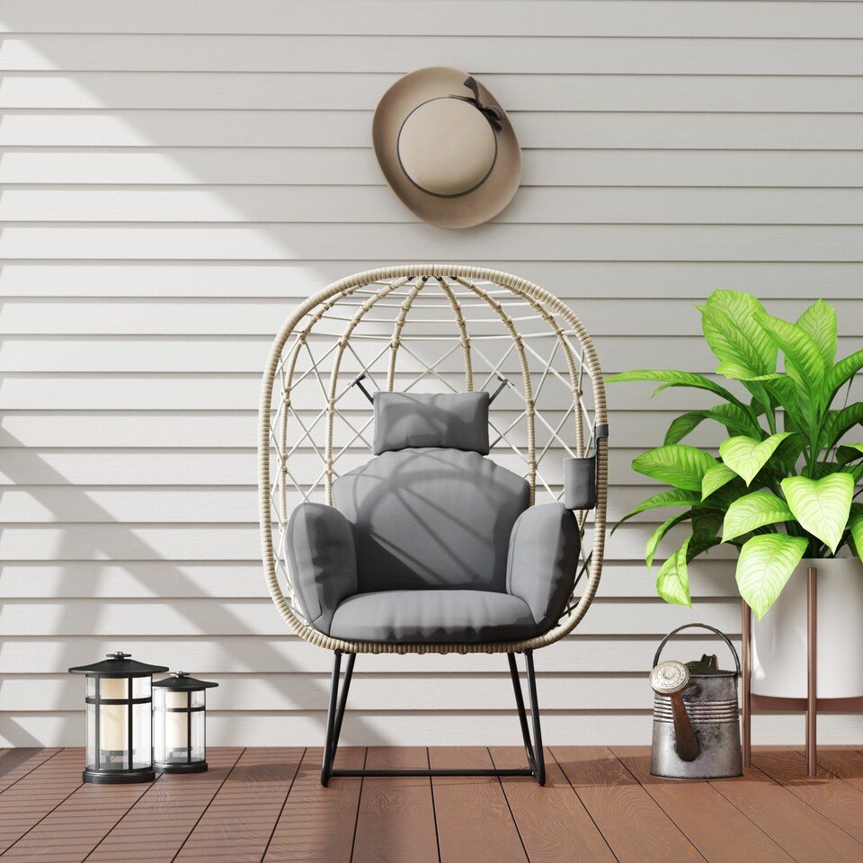 image 1 of Outsunny Rattan Egg Chair Outdoor Indoor Wicker Chair with Thickened Cushion and Headrest, Standing Garden Egg Chair with Cup Holder, Metal Frame for Patio, Balcony, Grey | Grey