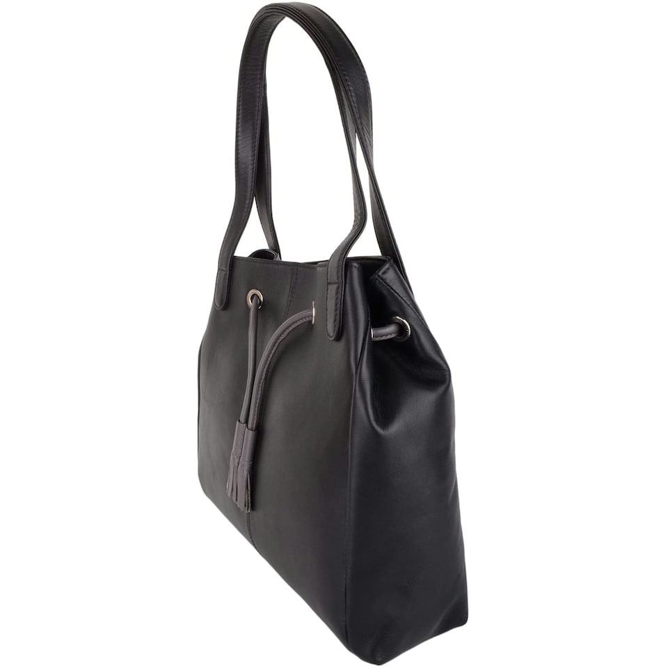 image 1 of Genuine Soft Leather Contrast Drawstring Tote Style Shoulder Handbag Pink | Blush