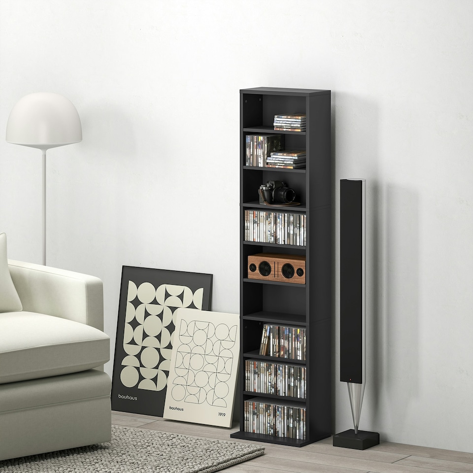 image 1 of HOMCOM 260 CD Storage Unit 120 DVD Storage Tower with 9 Compartments Black Grey | 33W x 24D x 140H cm