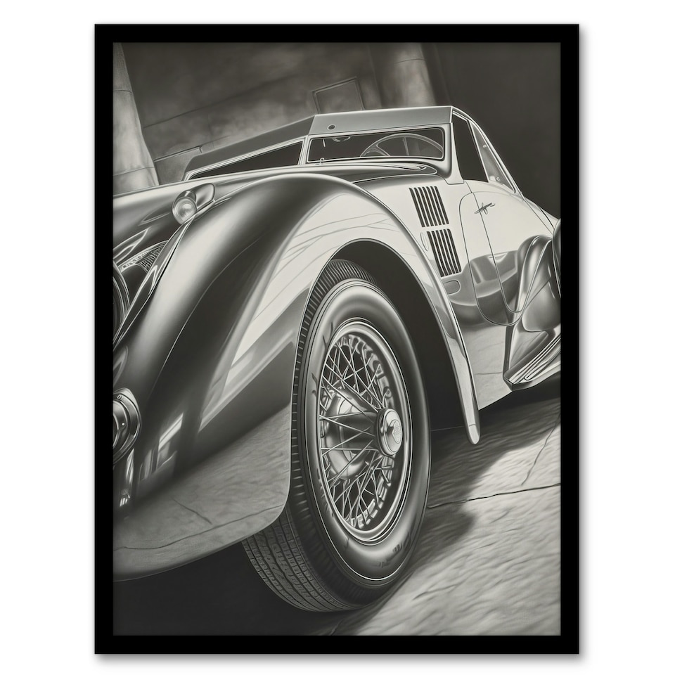 image 1 of Hyper Realism Pencil Drawing Sports Car Black Framed Wall Art Print A4