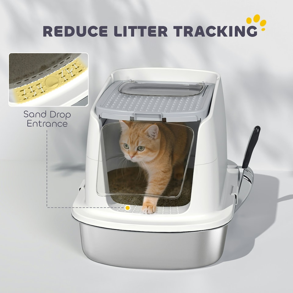 image 1 of PawHut Stainless Steel Litter Box, Enclosed Metal Cat Litter Tray with Scoop White | One Size
