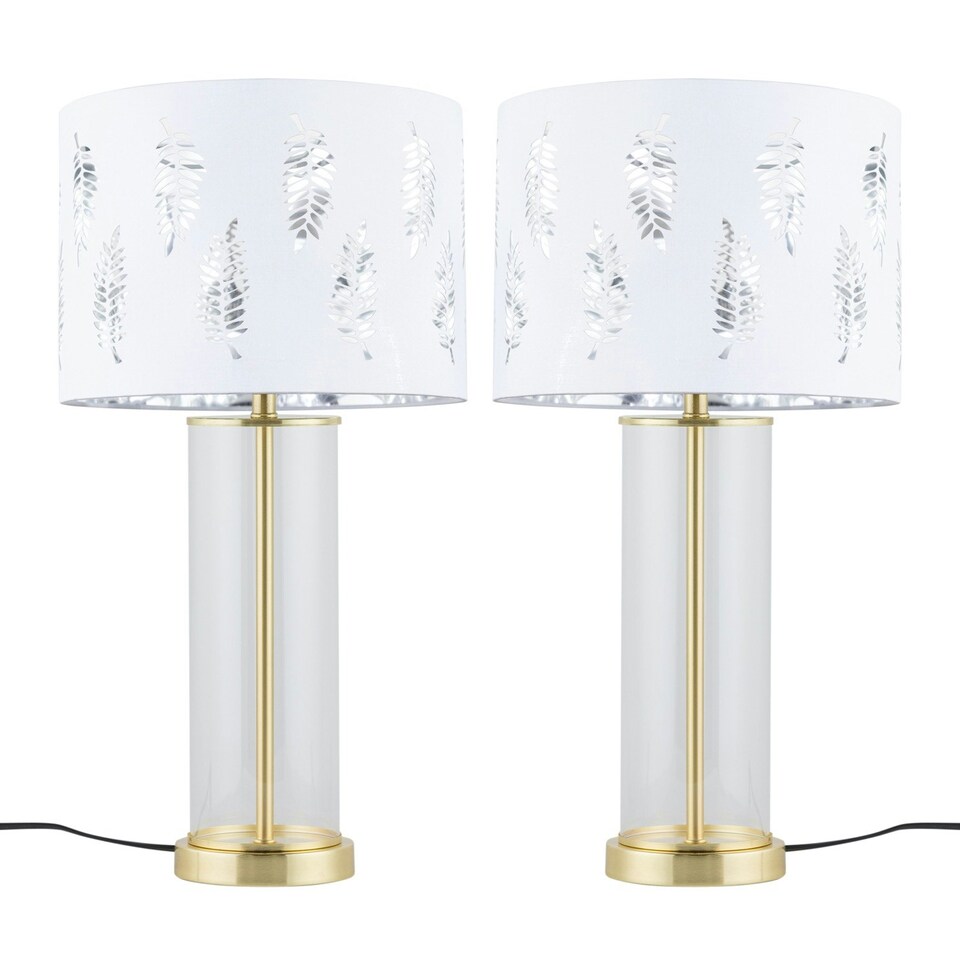 image 1 of Set of 2 Aura - Satin Brass Lamps with White Fern Cut Out Shades Bronze | White