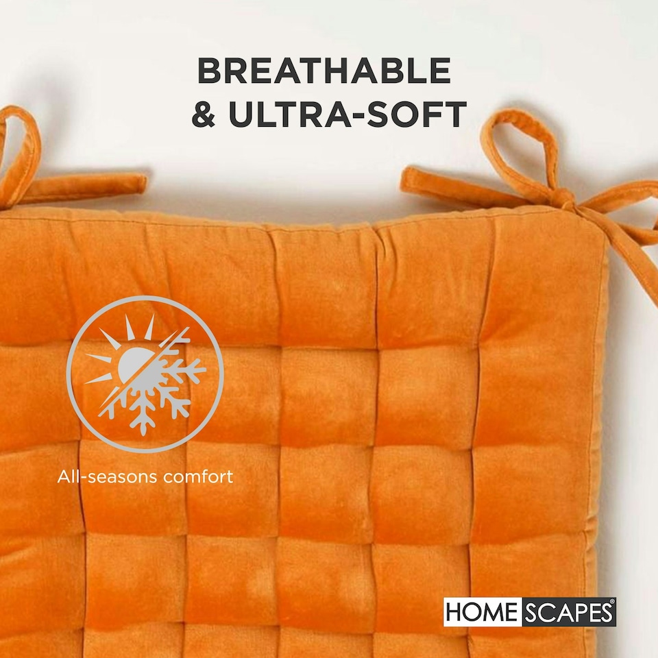image 1 of Homescapes Seat Pad Luxury 100% Cotton Velvet Indoor Outdoor Garden Dining Cushion Orange | 40 x 40 cm